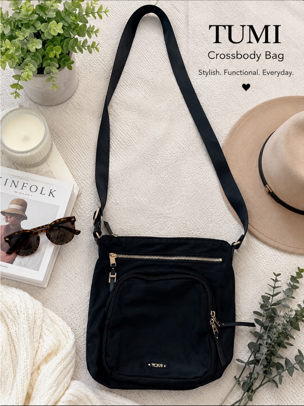 Tumi Black Nylon Bag with gold logo